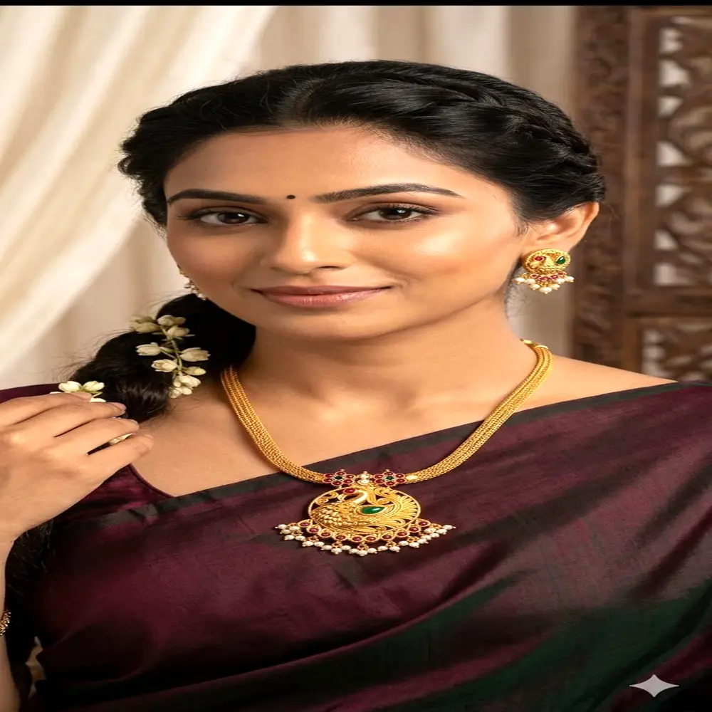 Peacock Design Necklace Set Traditional Peacock Pendant Necklace Set with Matching Jhumka Earrings for Women - Image 1