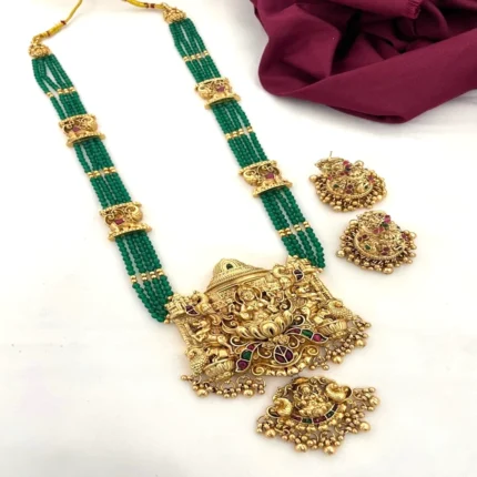 Premium Lakshmi Green Bead Haram Necklace Set with Matching Earrings and Pendant for Women